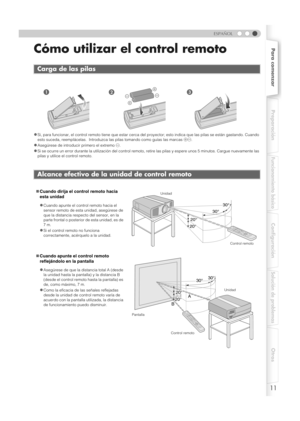 Page 11511
Para comenzarPreparación
Funcionamiento básico
Configuración
Solución de problemas
Otros
ESPAÑOL
Cómo utilizar el control remoto
zSi, para funcionar, el control remoto tiene que estar cerca del proyector; esto indica que las pilas se están gastando. Cuando 
esto suceda, reemplácelas.  Introduzca las pilas tomando como guías las marcas +-.
zAsegúrese de introducir primero el extremo -.
zSi se ocurre un error durante la utilización del control remoto, retire las pilas y espere unos 5 minutos. Cargue...