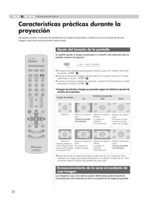 Page 12420
3Funcionamiento básico
Características prácticas durante la 
proyección
Es posible ajustar la imagen proyectada a un tamaño más adecuado para la 
pantalla (relación de aspecto). 
z
El tamaño de la pantalla puede ajustarse también a partir de “Aspecto” del menú 
de ajustes. (pP27 - S)
zCuando se introducen imágenes de alta definición, el ajuste “Extensión V” estará 
disponible en cambio. (pP27 - T)
zCuando se introducen señales de ordenador, el ajuste “PC Redimensionar” estará 
disponible en cambio....