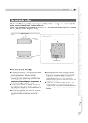 Page 15349
ESPAÑOL
Para comenzar Preparación
Funcionamiento básico
Configuración
Solución de problemas
Otros
Debe tomar medidas de seguridad para prevenir que la unidad se balancee o se caiga y para prevenir accidentes 
durante situaciones de emergencia, incluyendo terremotos.
Cuando monte la unidad en un pedestal o en el techo, retire los 4 pies de apoyo de la superficie inferior y utilice los 
4 huecos de tornillo (tornillos M5) para el montaje....