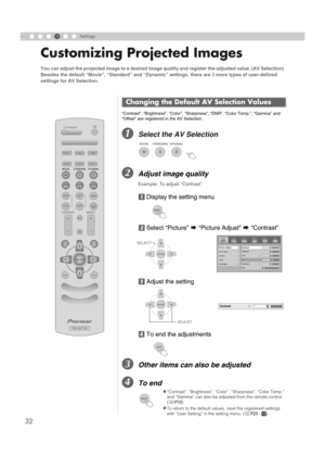 Page 3232
4Settings
Customizing Projected Images 
“Contrast”, “Brightness”, “Color”, “Sharpness”, “DNR”, “Color Temp.”, “Gamma” and 
“Offset” are registered in the AV Selection.
ASelect the AV Selection
BAdjust image quality
Example: To adjust “Contrast”
aDisplay the setting menu
bSelect “Picture” g “Picture Adjust” g “Contrast”
cAdjust the setting
dTo end the adjustments
COther items can also be adjusted
DTo end
You can adjust the projected image to a desired image quality and register the adjusted value. (AV...