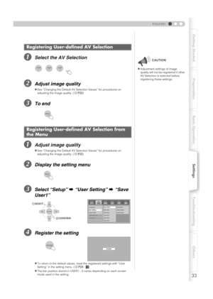 Page 3333
ENGLISH
Getting Started Preparation Basic OperationSettingsTroubleshooting Others
ASelect the AV Selection
BAdjust image quality
CTo end
AAdjust image quality
BDisplay the setting menu
CSelect “Setup” g “User Setting” g “Save 
User1”
DRegister the setting
Registering User-defined AV Selection
zSee “Changing the Default AV Selection Values” for procedures on 
adjusting the image quality. (pP32)
Registering User-defined AV Selection from 
the Menu
zSee “Changing the Default AV Selection Values” for...