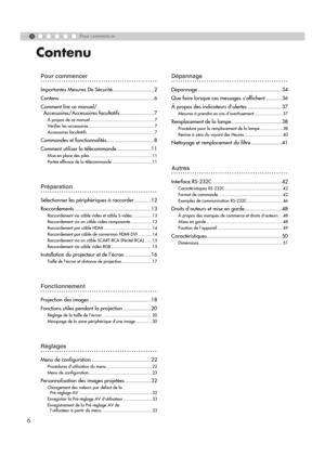 Page 586
1Pour commencer
...................................................Pour commencer
Importantes Mesures De Sécurité ...........................2
Contenu ..............................................................6
Comment lire ce manuel/
Accessoires/Accessoires facultatifs ......................7
À propos de ce manuel .................................................... 7
Vérifier les accessoires ..................................................... 7
Accessoires facultatifs...