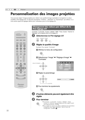 Page 8432
4Réglages
Personnalisation des images projetées
“Contraste”, “Luminosité”, “Couleur”, “Netteté”, “DNR”, “Temp. Couleur”, “Gamma” et 
“Décalage” sont enregistrés dans la Pré-réglage AV.
ASélectionnez la Pré-réglage AV
BRéglez la qualité d’image
Exemple: Pour ajuster “Contraste”
aAffichez le menu de configuration
bSélectionnez “Image” g “Réglage d’image” g 
“Contraste”
cRéglez le paramétrage
dPour terminer les ajustements
CD’autres éléments peuvent également être 
réglés
DPour terminer
Vous pouvez...