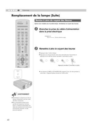 Page 9240
Remplacement de la lampe (Suite)
5Dépannage
Après avoir installé une nouvelle lampe, réinitialisez le voyant des heures.
ABranchez la prise du câble d’alimentation 
dans la prise électrique
BRemettre à zéro le voyant des heures
Remise à zéro du voyant des Heures
zLes témoins [LAMP] et [STANDBY/ON] clignent à tour de rôle pendant 3 
secondes. L’appareil passe ensuite en mode veille. 
LIGHT TESTEXIT MENU
ENTER
WARNING
LAMP
STANDBY/ON
zRéinitialisez la durée de vie de la 
lampe uniquement une fois cette...