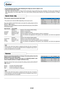 Page 44E-43
Color
• Do the following operation while displaying the image you want to adjust or set.
• Select the menu name “Color”.
See “Menu Operation Method” on Page E-34 for information about performing menu operations. The item name display will
differ depending on the input signal. See “List of Item Names Offering Input Selection and Adjustments/Settings” on Pages
E-39.
Quick Color Adj.
This function selects the preset color mode.
* The preset color mode will differ depending on the input source.
Press...