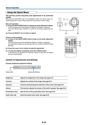 Page 34E-33
General Operation
Using the Quick Menu
This function permits frequently used adjustments to be performed
quickly.
Note that the Quick Menu will not be displayed unless the signal of the con-
nected equipment is input. Please select the input that you wish to adjust.
Main unit operation
(1) Press the QUICK MENU button to display the quick adjustment display.
Further presses cause the adjustment display to change in sequence.
Press the SELECT  or  button to switch to the desired adjustment dis-...