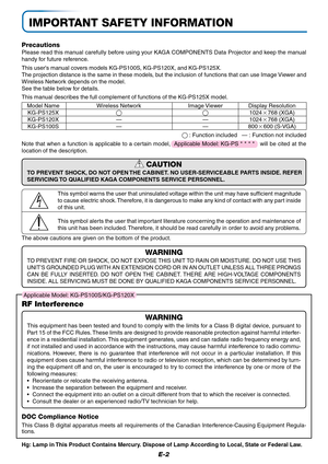 Page 3E-2
IMPORTANT SAFETY INFORMATION
Hg: Lamp in This Product Contains Mercury. Dispose of Lamp According to Local, State or Federal Law.
Precautions
Please read this manual carefully before using your KAGA COMPONENTS Data Projector and keep the manual
handy for future reference.
This users manual covers models KG-PS100S, KG-PS120X, and KG-PS125X.
The projection distance is the same in these models, but the inclusion of functions that can use Image Viewer and
Wireless Network depends on the model.
See the...