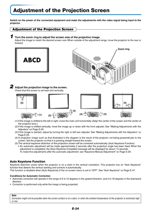 Page 25E-24
Adjustment of the Projection Screen
Switch on the power of the connected equipment and make the adjustments with the video signal being input to the
projector.
2Adjust the projection image to the screen.
Check that the screen is set level and vertically.
Adjustment of the Projection Screen
Turn the zoom ring to adjust the screen size of the projection image.Adjust the image to match the desired screen size. When outside of the adjustment range, move the projector to the rear or
forward.SOURCE...