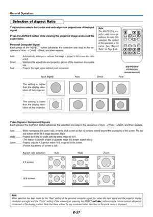 Page 28E-27
General Operation
Selection of Aspect Ratio
This function selects horizontal and vertical picture proportions of the input
signal.
Press the ASPECT button while viewing the projected image and select the
aspect ratio.
Personal Computer Signal
Each press of the ASPECT button advances the selection one step in the se-
quence of Auto → Direct → Real, and then repeats.
Auto ............ Automatically enlarges or reduces the image to project a full screen in a ratio
of 4:3
Direct .......... Maintains the...