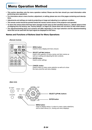 Page 35E-34
Menu Operation Method
• This section describes only the menu operation method. Please see this item should you need information while
performing menu operations.
• For information about a menu function, adjustment, or setting, please see one of the pages containing such descrip-
tions.
• Adjustments and settings are made by projecting an image and adjusting to an optimum condition.
• The remote control should be pointed toward the remote control sensor of the projector and operated.
• To return the...