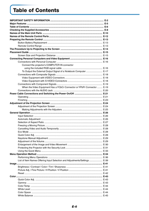 Page 7E-6
Table of Contents
IMPORTANT SAFETY INFORMATION ................................................................................... E-2
Major Features ....................................................................................................................... E-5
Table of Contents ................................................................................................................... E-6
Checking the Supplied Accessories...