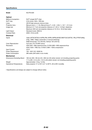 Page 63E-62
Specifications
ModelKG-PS120X
Optical
Method of projection : DLP® (single DLP® chip)
DLP® chip 0.55 inches 1024768 dots
Lamp 230 W high pressure mercury lamp
Projection lens : Manual zoom (1.15), Manual focus F = 2.45 – 2.62, f = 18.7 – 21.5 mm
Image size Minimum 31.7 inch (at projection distance of 1.20 m / 3.9 feet  telephoto)
Maximum 300 inch (at projection distance of 10.19 m / 33.43 feet wide)
Light Output Standard mode: 2500 lm
Contrast Ratio 2000:1 (Full on/off)
Electrical
Inputs Video...