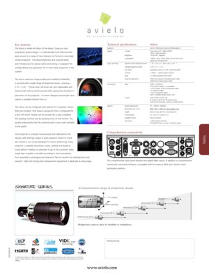 Page 2helios
Technical specificationsheliosprojectorfull HD 1080p home cinema DLP® projectordisplayconcept
Brightness
three chip, 0.95” 1080p DMD™ 1920 x 1080 resolution12fl at 300” diagonalcompatibility1080i/p, 720p, 576i/p, 480ip, PAL SECAM, NTSCdigital and analogue RGBoptics and lampsignature series projection lenses1.70 – 2.55, 2.5 – 4.00, 3.90 – 6.24 : 1standard projection lenses0.74:1, 1.2 – 1.70 : 1lens offsetadjustable: vertical ±117%, horizontal ±84%contrast>10000 : 1 (native optical contrast)lamp2x...