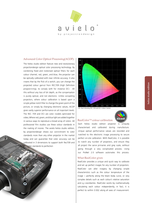 Page 5helios studio edition
The  helios  studio  edition  feature  new  and  revolutionary 
projectiondesign  optical  color  processing  technology.  By 
combining  fixed  and  motorised  optical  filters  for  each 
colour  channel,  red,  green,  and  blue,  the  projector  can 
be  optically  calibrated  with  near  infinite  accuracy.  It  also 
means  that  by  the  flick  of  a  switch,  you  can  change  the 
projected  colour  gamut  from  REC709  (High  Definition 
programming),  to  comply  with...