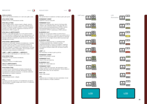 Page 2525
italianonorskINDICATORIINDIKATORER
STATUS (STATO)Indica lo stato generale del sistema con i colori verde, giallo e rosso .
SPIA VERDE FISSAProiettore acceso e in funzionamento normale .
SPIA GIALLA FISSAUnità in modalità standby; nessuna sorgente collegata, oppure le sorgenti collegate non sono attive o sono spente, attivando perciò la funzione di risparmio energetico (DPMS) . La funzione di risparmio energetico può essere attivata o disattivata nel sottomenu SET UP (Impostazione), DPMS on oppure off...