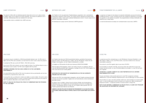 Page 38englishdeutschfrancais
38
The projector is fitted with two individual projection lamps that can be run in various modes . In addition, lamps can be replaced as needed separately . This ensures an optimized cost of ownership  . Individual lamp timers are maintained for each lamp  . 
Lamp operation mode is controlled in the LAMPS sub menu .
LAMP OPERATION
PIN CODE
The projector may be controlled by a PIN (Personal Identity Number) code . The PIN code is 4 digits, and if the PIN code is activated, you must...