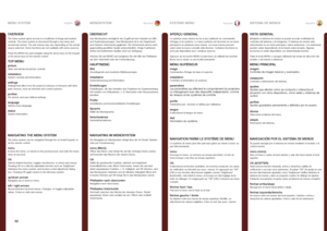 Page 5252
englishdeutschfrancaisespañol
OVERVIEW
The menu system gives access to a multitude of image and system controls . The menu system is structured through a top menu and several sub menus  . The sub menus may vary depending on the actual source selected . Some functions are not available with some sources .
Press the MENU key and navigate using the arrow keys on the keypad or the arrow keys on the remote control
TOP MENU
pictureBasic and advanced picture controls .
installationSystem controls and...