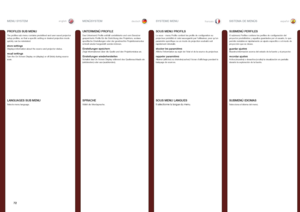 Page 7272
englishdeutschfrancaisespañol
PROFILES SUB MENU
The profiles sub menu contains predefined and user saved projector setup profiles, so that a specific setting or desired projection mode quickly can be reinstated .
store settingsDisplays information about the source and projector status .
recall settingsTurn the On Screen Display on (display) or off (hide) during source scan .
MENU SYSTEMMENÜSYSTEMSYSTEME MENUSISTEMA DE MENÚS
SUBMENÚ PERFILES
El submenú Perfiles contiene los perfiles de configuración...