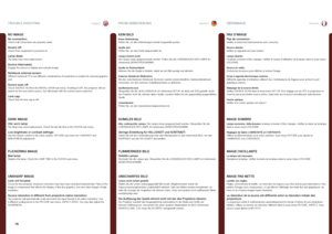 Page 76englishdeutschfrancais
76
NO IMAGE
No connection: Check if all connections are properly made .
Source off: Check if the equipment is powered on .
Lamp dead: The lamp may need replacement . 
Source hibernated: Engage the source to display and activate image .
Notebook external screen: Different notebook PC’s use different combinations of keystrokes to enable the external graphics port .
Source scan off: Check SOURCE SCAN in the INSTALLATION sub menu  . If setting is OFF, the projector will not search for...
