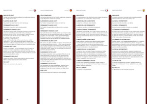 Page 2020
englishdeutschfrancaisespañolINDICATORSLEUCHTANZEIGENINDICATEURSINDICADORES
INDICATOR LIGHT
The light next to the power key indicates the overall system status by blue, orange and red colors .
FLASHING BLUE LIGHT
The projector has been turned on, and is warming up .
PERMANENT BLUE LIGHT 
The projector is turned on and in normal operation .
PERMANENT ORANGE LIGHT
The unit is in standby mode; no source(s) connected, or the source(s) connected are inactive or switched off, thereby activating the...