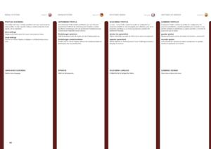 Page 6262
englishdeutschfrancaisespañol
PROFILES SUB MENU
The profiles sub menu contains predefined and user saved projector setup profiles, so that a specific setting or desired projection mode quickly can be reinstated .
store settingsDisplays information about the source and projector status .
recall settingsTurn the On Screen Display on (display) or off (hide) during source scan .
MENU SYSTEMMENÜSYSTEMSYSTEME MENUSISTEMA DE MENÚS
SUBMENÚ PERFILES
El submenú Perfiles contiene los perfiles de configuración...