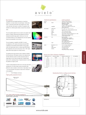 Page 2quantum
Technical specificationsavielo quantumprojector1080p home cinema DLP® projectordisplayconceptsingle chip, 0.95” 1080p DC4 DMD™BrilliantColor™ technology1920 x 1080 resolution6-segment, 7x colour wheel, RGBRGBcompatibility1080i/p, 720p, 576i/p, 480ip, PAL SECAM, NTSCdigital and analogue RGBoptics and lampavailable lenses0.74 : 1, 0.92 : 1, 1.6 – 2.21 : 1, 2.7 – 4.2 : 1lens shiftapproximately 100% vertical (for standard and tele zoom)contrast>4000 : 1 (native optical contrast)brightnessabout 1000...