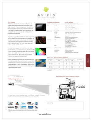 Page 2radiance
Technical specificationsavielo radianceprojectorfull HD 1080p home cinema DLP® projectordisplayconceptsingle chip, 0.95” 1080p DMD™BrilliantColor™ technology1920 x 1080 resolution6-segment colour wheel (RGBRGB)compatibility1080i/p, 720p, 576i/p, 480ip, PAL SECAM, NTSCdigital and analogue RGBoptics and lampzoom lens1.60 – 2.00 : 1lens offsetapproximately 124% vertical (with standard zoom lens)contrast>5000 : 1 (native optical contrast)brightnessabout 1300 ANSI lumens, adjustablelamp300W UHP™lamp...