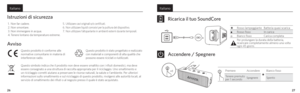 Page 162627
ItalianoItaliano
Istruzioni di sicurezza
1.  Non far cadere.
2. Non smontare.
3. Non immergere in acqua.
4. Tenere lontano da temperature estreme.5.  Utilizzare cavi originali e/o certiﬁcati.
6.  Non utilizzare liquidi corrosivi per la pulitura del dispositivo.
7.  Non utilizzare l’altoparlante in ambienti esterni durante temporali.
Avviso
Questo prodotto è conforme alle 
normative comunitarie in materia di 
interferenze radio.Questo prodotto è stato progettato e realizzato 
con materiali e...