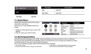 Page 1917
11. Quick MenuQuick menu provides easy access to your
most often used menu.
Quick menu is only available with touch
screen.
1. Swipe up. Then Quick menu screen will
    appear. 
2. Tap the menu you wish to enter. 
12. Recharging batteryLCD will show the low battery icon(             ) when the battery is too low and close to the cut of level.
The camera will save the fle automatically until it is turned of. You must recharge your battery to restart.
It will take about 3.5 hours for a full charge by...