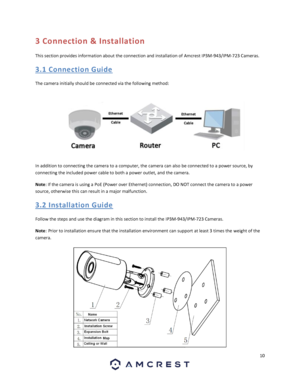 Page 1010 
 
3 Connection & Installation 
This section provides information about the connection and installation of Amcrest IP3M-943/IPM-723 Cameras. 
3. 1  Connectio n  Gui de 
The camera initially should be connected via the following method: 
 
 
In addition to connecting the camera to a computer, the camera can also be connected to a power source, by 
connecting the included power cable to both a power outlet, and the camera.  
Note: If the camera is using a PoE (Power over Ethernet) connection, DO NOT...