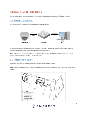 Page 99 
 
3 Connection & Installation 
This section provides information about the connection and installation of Amcrest POE Bullet Cameras. 
3. 1  Connectio n  Gui de 
The camera initially should be connected via the following method: 
 
 
In addition to connecting the camera to a computer, the camera can also be connected to a power source, by 
connecting the power cable to both a power outlet, and the camera.  
Note: If the camera is using a PoE (Power over Ethernet) connection, DO NOT connect the camera...