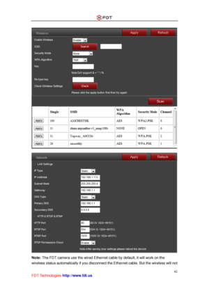 Page 43 
42 
FDT Technologies-http://www.fdt.us 
 
 
Note: The FDT camera use the wired Ethernet cable by default, it will work on the 
wireless status automatically if you disconnect the Ethernet cable. But the wireless will not  