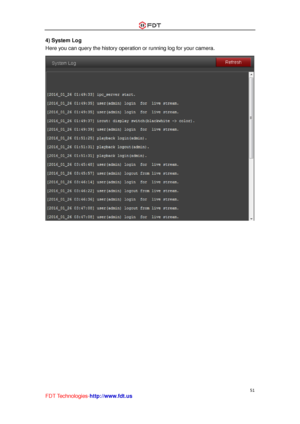 Page 52 
51 
FDT Technologies-http://www.fdt.us 
4) System Log 
Here you can query the history operation or running log for your camera. 
 
   
