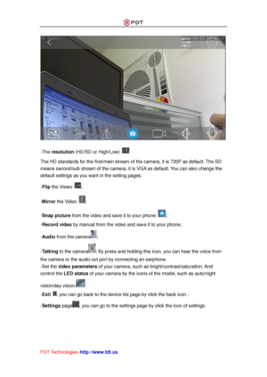 Page 26 
FDT Technologies-http://www.fdt.us 
 
-The resolution (HD/SD or High/Low)  
The HD standards for the first/main stream of the camera, it is 720P as default. The SD 
means second/sub stream of the camera, it is VGA as default. You can also change the 
default settings as you want in the setting pages. 
-Flip the Viewo ; 
-Mirror the Video ; 
-Snap picture from the video and save it to your phone ; 
-Record video by manual from the video and save it to your phone; 
-Audio from the camera; 
-Talking to...