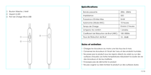 Page 11ƒ
„
…Bouton Marche / Arrêt
Voyant à LED
Port de Charge Micro USB
ƒ
„
…
Spécifcations
Bande passante
Impédance
Puissance d’Entrée Max
Autonomie (Mode ANC)
Temps de Charge
Longueur du cordon
Coeffcient de Réduction de Bruit (NRC)
Taux de Réduction de Bruit20Hz - 20kHz
32
5mW
15 heures
Environ 2 heures
1.4mètre
100 -500Hz
15 - 30dB
Soins et entretien
•  Chargez les écouteurs au moins une fois tous les 6 mois.
•  Conservez les écouteurs à l’écart de l’eau et des endroits humides.
•  Ne posez pas le...