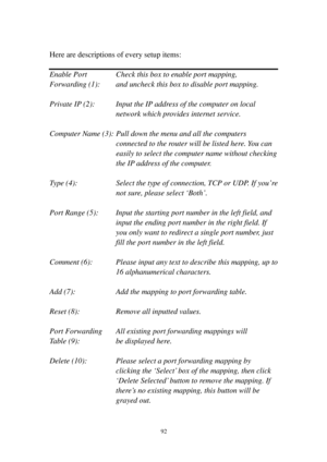 Page 10192 
 
Here are descriptions of every setup items: 
 
Enable Port   Check this box to enable port mapping, 
Forwarding (1):  and uncheck this box to disable port mapping. 
 
Private IP (2):  Input the IP address of the computer on local 
network which provides internet service. 
 
Computer Name (3): Pull down the menu and all the computers 
connected to the router will be listed here. You can 
easily to select the computer name without checking 
the IP address of the computer. 
 
T y p e (4):  Select the...