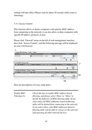 Page 111102 
settings will take effect (Please wait for about 30 seconds while router is 
rebooting). 
 
 
3-3-1 Access Control 
 
This function allows or denies computers with specific MAC address 
from connecting to the network; it can also allow or deny computers with 
specific IP address, protocol, or port. 
 
Please click ‘Firewall’ menu on the left of web management interface, 
then click ‘Access Control’, and the following message will be displayed 
on your web browser: 
 
 
 
Here are descriptions of...