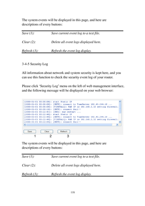 Page 127118 
The system events will be displayed in this page, and here are 
descriptions of every buttons: 
 
Save (1):    Save current event log to a text file. 
 
Clear (2):    Delete all event logs displayed here. 
 
Refresh (3):   Refresh the event log display. 
 
 
3-4-5 Security Log 
 
All information about network and system security is kept here, and you 
can use this function to check the security event log of your router. 
 
Please click ‘Security Log’ menu on the left of web management interface,...