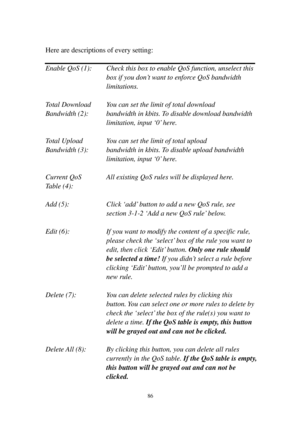 Page 9586 
 
Here are descriptions of every setting: 
 
Enable QoS (1):  Check this box to enable QoS function, unselect this 
box if you don’t want to enforce QoS bandwidth 
limitations. 
 
Total Download  You can set the limit of total download  
Bandwidth (2):  bandwidth in kbits. To disable download bandwidth 
limitation, input ‘0’ here. 
 
Total Upload   You can set the limit of total upload 
Bandwidth (3):  bandwidth in kbits. To disable upload bandwidth 
limitation, input ‘0’ here. 
 
Current QoS   All...