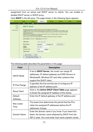 Page 26
GA-121A User Manual 
assignment from an actual real DHCP server to clients. You can enable or 
disable DHCP server or DHCP proxy. 
Click  DHCP  in the left pane. The page shown in the following figure appears. 
 
 
The following table describes the parameters in this page: 
Field Description 
DHCP Mode 
If set to DHCP Server , the router can assign IP 
addresses, IP default gateway and DNS Servers to 
Windows95, Windows NT and other systems that 
support the DHCP client. 
IP Pool Range It specifies the...