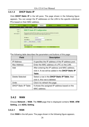 Page 29
GA-121A User Manual 
3.4.1.3  DHCP Static IP 
Click DHCP Static IP  in the left pane. The page shown in the following figure 
appears. You can assign the IP addresses on the LAN to the specific individual 
PCs based on their MAC address. 
 
 
The following table describes the parameters and buttons of this page: 
Field Description 
IP Address It specifies the IP address of the IP address pool.
Mac Address Enter the MAC address of a PC on the LAN. 
Add After entering the IP address and MAC address,...