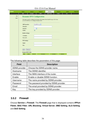 Page 37
GA-121A User Manual 
 
 
The following table describes the parameters of this page: 
Field Description 
DDNS provider Choose the DDNS provider name. 
Hostname The DDNS identifier. 
Interface The WAN interface of the router. 
Enable Enable or disable DDNS function. 
Username The name provided by DDNS provider. 
Password The password provided by DDNS provider. 
Email The email provided by DDNS provider. 
Key The key provided by DDNS provider. 
 
3.5.2   Firewall 
Choose Service > Firewall . The Firewall...