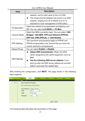 Page 20
GA-324WA User Manual 
Description Field 
network, and its valid value is from 0 to 255. 
   The virtual channel between two points in an ATM network, ranging from 32 to 65535 (0 to 31 is 
reserved for local management of ATM traffic). 
Encapsulation Select the method of encapsulation provided by your 
ISP. You can select  LLC/SNAP or VC-Mux . 
Channel Mode 
Select the WAN connection type. You can select  1483 
Bridged, 1483 MER, PPP over Ethernet (PPPoE) , 
PPP over ATM (PPPoA) , or 1483 Routed . 
PPP...