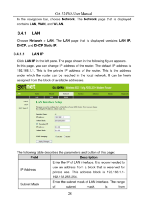 Page 31
GA-324WA User Manual 
In the navigation bar, choose Network. The  Network  page that is displayed 
contains  LAN, WAN , and WLAN .   
3.4.1   LAN 
Choose  Network  > LAN. The LAN page that is displayed contains  LAN IP, 
DHCP , and DHCP Static IP . 
3.4.1.1 LAN IP 
Click LAN IP in the left pane. The page shown in the following figure appears. 
In this page, you can change IP address of the router. The default IP address is 
192.168.1.1. This is the private IP address of the router. This is the address...