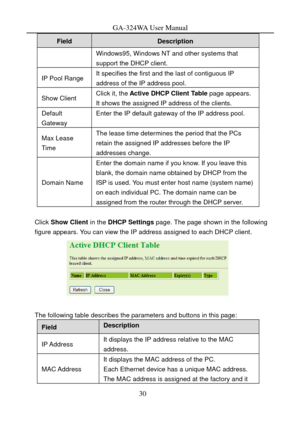 Page 33
GA-324WA User Manual 
Field Description 
Windows95, Windows NT and other systems that 
support the DHCP client. 
IP Pool Range It specifies the first and the last of contiguous IP 
address of the IP address pool. 
Show Client Click it, the Active DHCP Client Table  page appears. 
It shows the assigned IP address of the clients. 
Default 
Gateway Enter the IP default gateway of the IP address pool. 
Max Lease 
Time The lease time determines the period that the PCs 
retain the assigned IP addresses before...