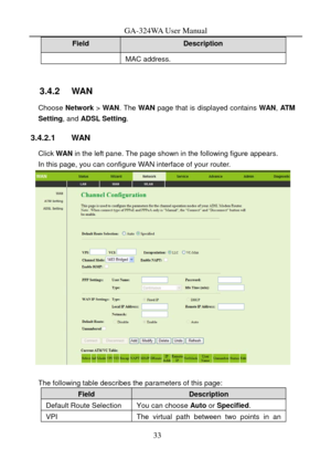 Page 36
GA-324WA User Manual 
Field Description 
MAC address. 
 
3.4.2   WAN 
Choose Network  > WAN . The  WAN  page that is displayed contains  WAN, AT M  
Setting , and ADSL Setting . 
3.4.2.1 WAN 
Click WAN in the left pane. The page shown in the following figure appears. 
In this page, you can configure WAN interface of your router. 
 
 
The following table describes the parameters of this page: 
Field Description 
Default Route Selection You can choose  Auto or Specified. 
VPI The virtual path between two...