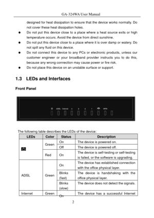 Page 5
GA-324WA User Manual 
designed for heat dissipation to ensure that the device works normally. Do 
not cover these heat dissipation holes. 
   Do not put this device close to a place where a heat source exits or high 
temperature occurs. Avoid the  device from direct sunshine. 
   Do not put this device close to a plac e where it is over damp or watery. Do 
not spill any fluid on this device. 
   Do not connect this device to any PC s or electronic products, unless our 
customer engineer or your...