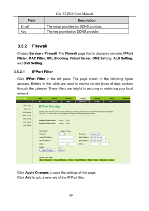 Page 52
GA-324WA User Manual 
Field Description 
Email The email provided by DDNS provider. 
Key The key provided by DDNS provider. 
 
3.5.2   Firewall 
Choose Service > Firewall. The Firewall  page that is displayed contains  IPPort 
Fileter , MAC Filter , URL Blocking , Virtual Server, DMZ Setting, ALG Setting , 
and  DoS Setting . 
3.5.2.1 IPPort Filter 
Click IPPort Filter in the left pane. The page shown in the following figure 
appears. Entries in this table are used to restrict certain types of data...