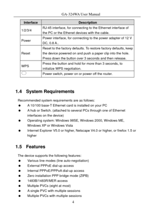 Page 7
GA-324WA User Manual 
Interface Description 
1/2/3/4 RJ-45 interface, for connecting to the Ethernet interface of 
the PC or the Ethenet devices with the cable. 
Power Power interface, for connecting to the power adapter of 12 V 
DC, 0.8 A.. 
Reset 
Reset to the factory defaults. To restore factory defaults, keep 
the device powered on and push a paper clip into the hole. 
Press down the button over 3 seconds and then release. 
WPS Press the button and hold for more than 3 seconds, to 
initialize WPS...