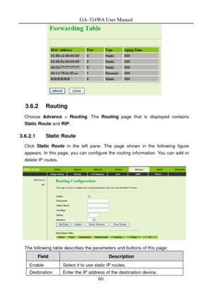 Page 63
GA-324WA User Manual 
 
3.6.2   Routing 
Choose Advance  > Routing . The Routing  page that is displayed contains 
Static Route and RIP . 
3.6.2.1 Static Route 
Click Static Route  in the left pane. The page shown in the following figure 
appears. In this page, you can configure  the routing information. You can add or 
delete IP routes. 
 
The following table describes the parameters and buttons of this page: 
60 
Field Description 
Enable Select it to use static IP routes. 
Destination Enter the IP...